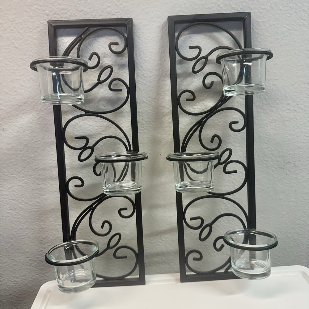Set of 2 Black Metal Scroll Wall Candle‎ Holders Glass Votive Cups 14" Excellent